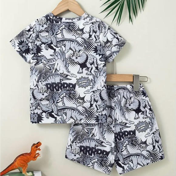 2 pcs Boys Casual Cartoon Cool Dinosaur Print shirt set grey Ages 5-6 - Picture 2 of 7